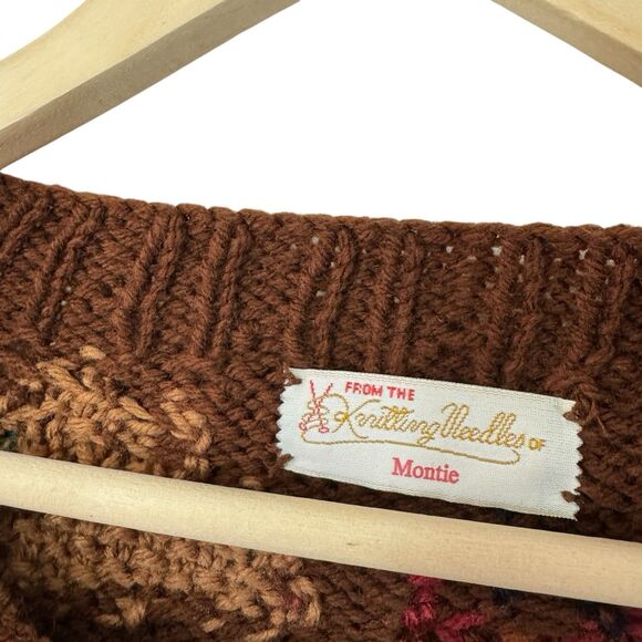 Vintage Handknit X-Large Sweater Cardigan Leaves Fall Dark Brown Womens READ - Picture 3 of 16